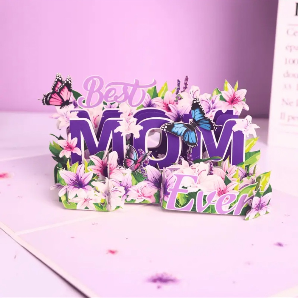 Purple and Floral 'Best Mom Ever' Card, Pop Up Card, BEAUTIFUL, New